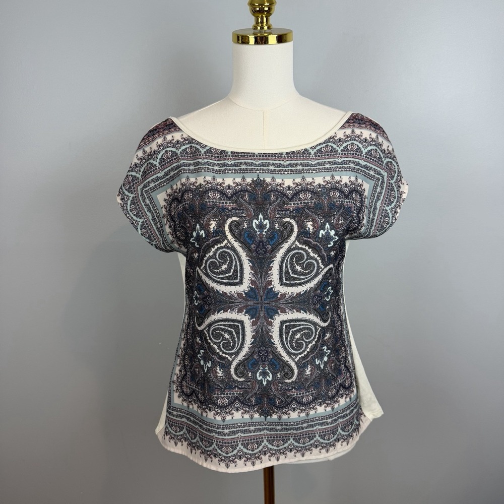 Promod Bandana Scarf Blouse Womens Size Small Blue Madala Paisley Short Sleeve